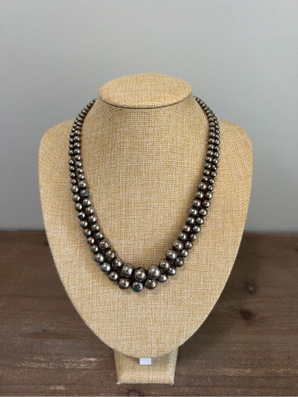 Double Strand Graduated Silver Tone Beaded Necklace Southwestern Style